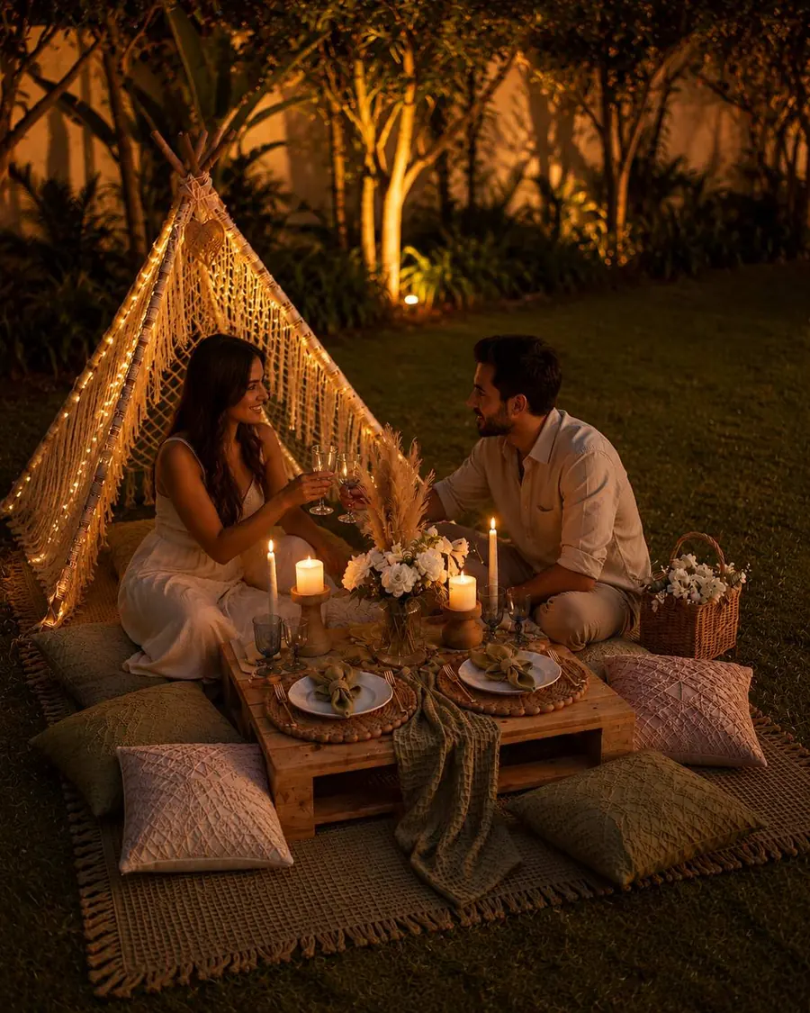 A couple toasting inside a lit macramé tent