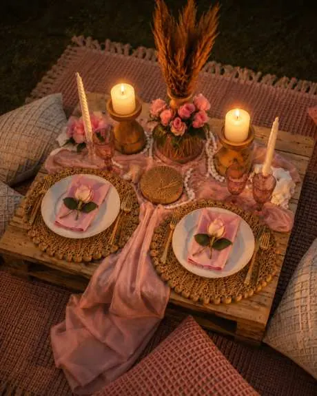 Candles, roses and a low table set for two