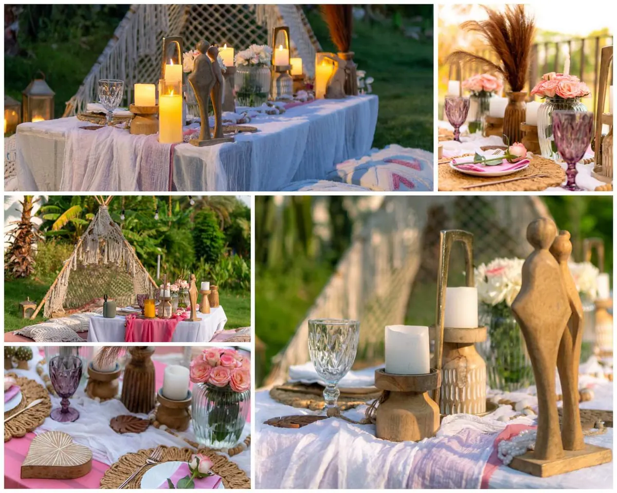 The Setting: long table with candles, florals and a macramé tent