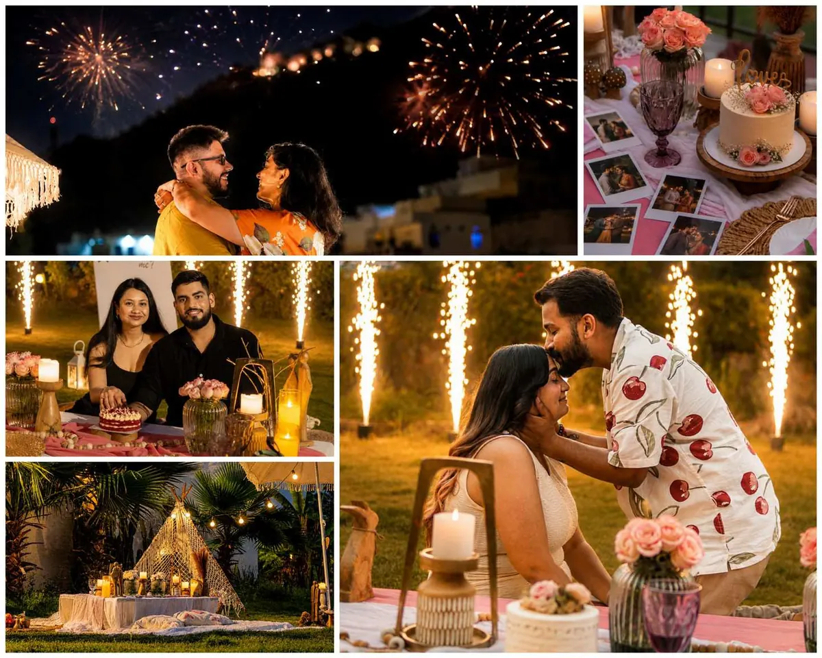 The Story: fireworks and cold pyros over a picnic setup