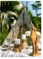 Ivory beige theme: tent with wooden figurines