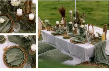 Sage green theme: low table setup on grass