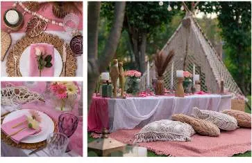 Blush pink theme: full setup under a macramé tent